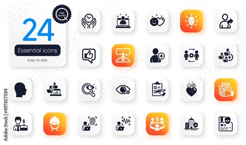 Set of People flat icons. Farsightedness, Teamwork and Cyber attack elements for web application. Engineering team, Checklist, Best manager icons. Wash hands, Head, Interview job elements. Vector