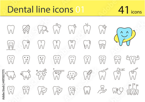 Dental clinic and dental care element line icons