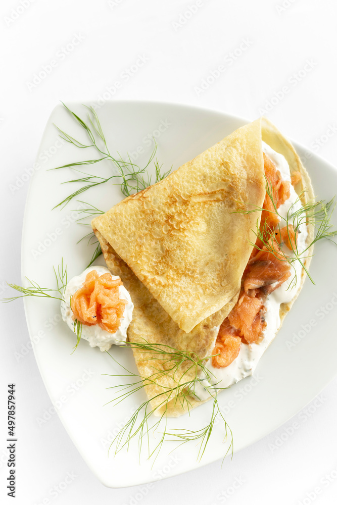 gourmet crepe pancake with sour cream tzatziki and smoked salmon gourmet crepe pancake with sour cream tzatziki and smoked salmon