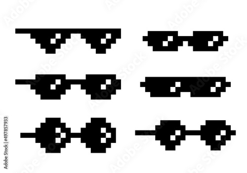 Pixel glasses meme set. Funny 8bit boss spectacles collection, gangster or mafia sunglasses retro style on white background. Thug life fun art vector illustration