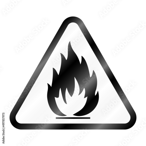Flammable substances sign. Vector illustration of glossy triangle warning sign with flame fire inside. Caution flammable materials. Keep away from fire symbol. Danger zone. Attention.