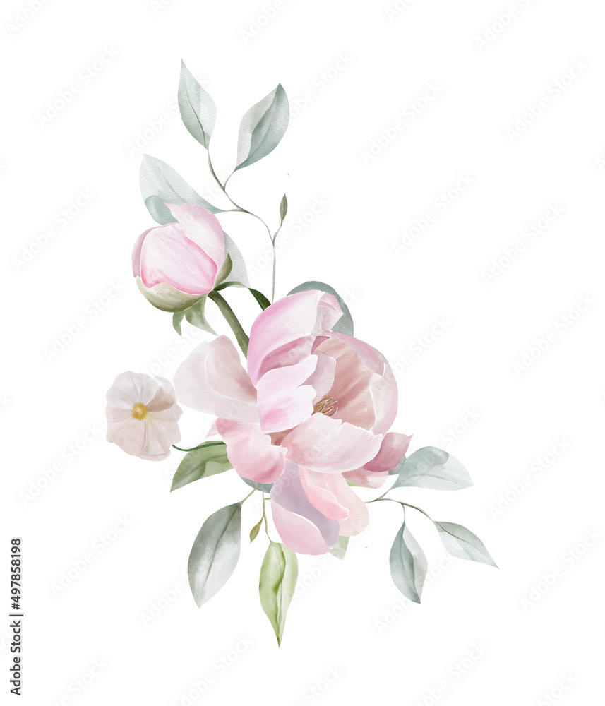 Fototapeta premium Watercolor pink peony bouquet on white background, garden floral arrangement for wedding, bridal shower