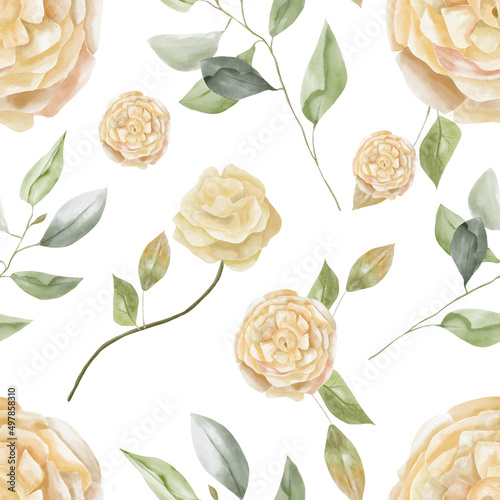 Watercolor garden flowers seamless pattern, rose fabric design on white backround 