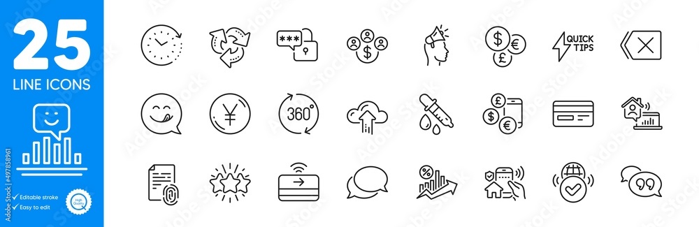 Outline icons set. Yen money, Currency rate and Loan percent icons. Cloud upload, Quickstart guide, Brand ambassador web elements. Contactless payment, Verified internet, Time change signs. Vector Outline icons set. Yen money, Currency rate and Loan percent icons. Cloud upload, Quickstart guide, Brand ambassador web elements. Contactless payment, Verified internet, Time change signs. Vector