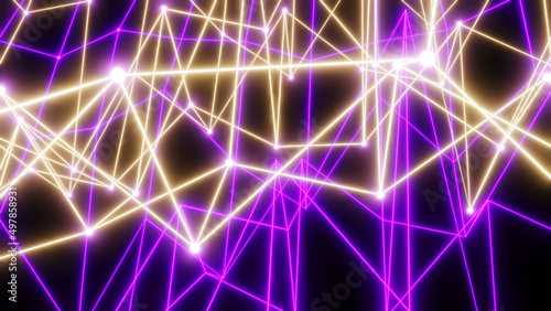 Abstract technology background with neon glowing lines on black, purple white striped sci fi  3D render background. © Cobalt