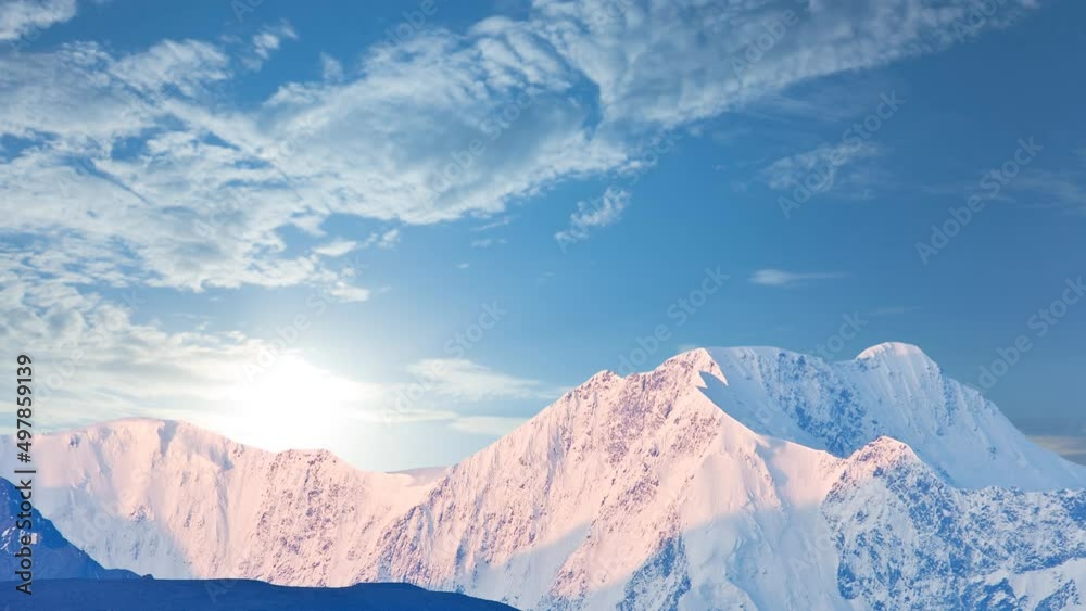 high mountain in snow at the early morning, mountain sunrise time lapse scene