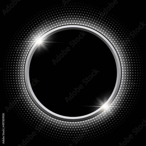 Silver sparkling ring with glitter on black background. Vector shiny button with halftone, dots pattern around, vector illustration.