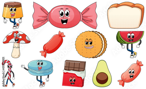 Set of facial expression with vintage style food cartoon on white background