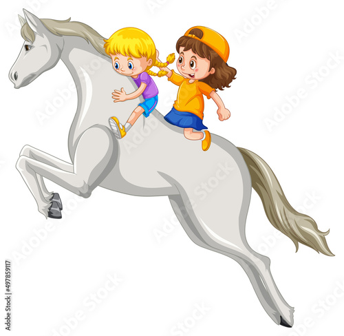 A scene of girl and friend riding on a horse  on white background