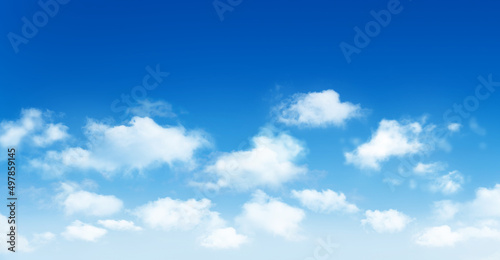 Sunny day background, blue sky with white cumulus clouds, natural summer or spring background with perfect hot day weather illustration.