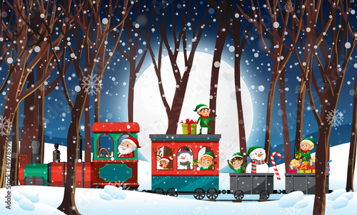 Santa riding on the train in winter