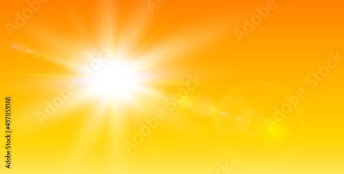 Sunny background, orange hot sky with sun and lens flare, natural summer background, vector illustration.