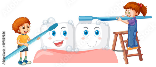 Children brushing whiten teeth with a toothbrush on white background
