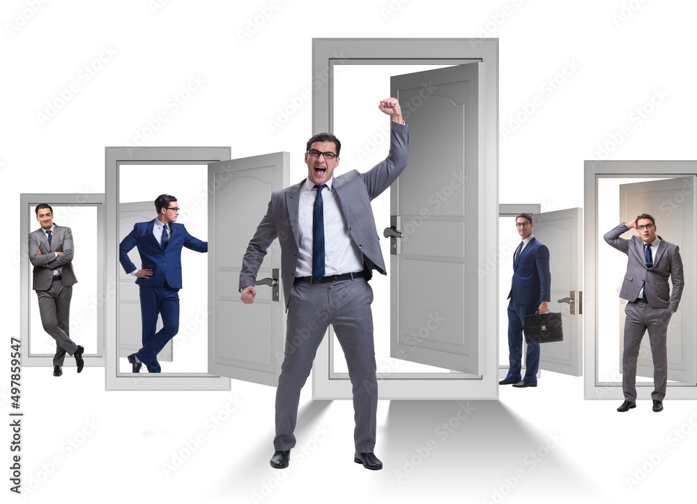 Businessman in uncertainty concept with many doors