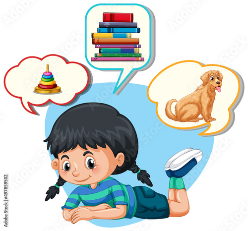 Girl thinking of books and dog