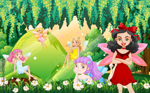 Fantastic forest scene with beautiful fairies