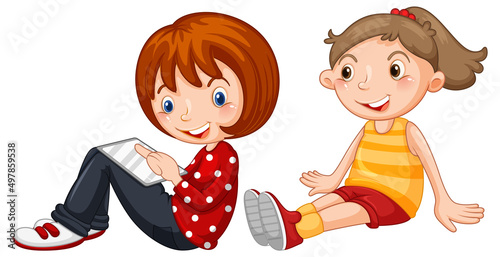 Two girls sitting on white background