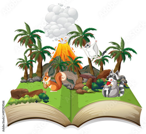 Opened fantasy book with cute animals