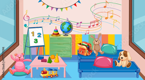 Empty kindergarten classroom interior with many kid toys
