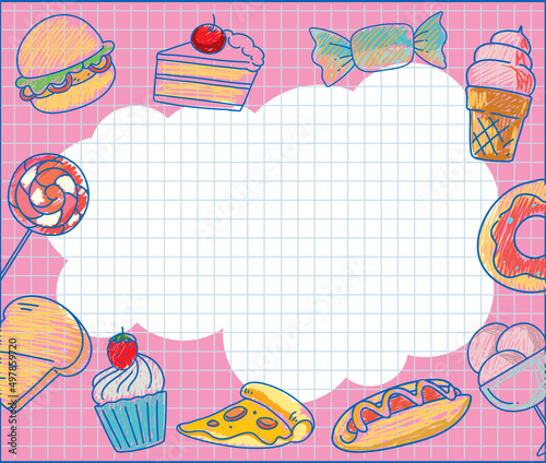 Dessert hand drawn coloured crayon background template
