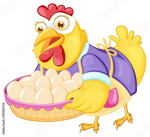 Cute chicken cartoon character holding a basket of egg