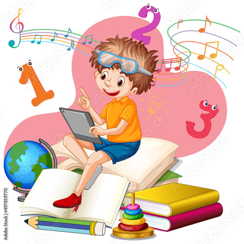 A boy reading books on a stack of books