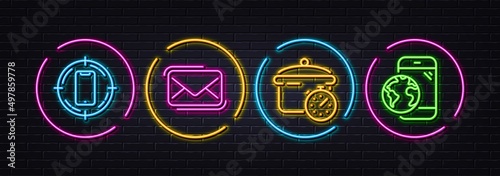 Smartphone target, Messenger mail and Boiling pan minimal line icons. Neon laser 3d lights. Mobile internet icons. For web, application, printing. Phone, New e-mail, Cooking timer. Vector