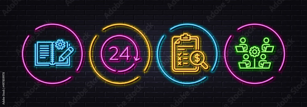 Engineering documentation, 24 hours and Accounting report minimal line icons. Neon laser 3d lights. Teamwork icons. For web, application, printing. Manual, Time, Check finance. Remote work. Vector
