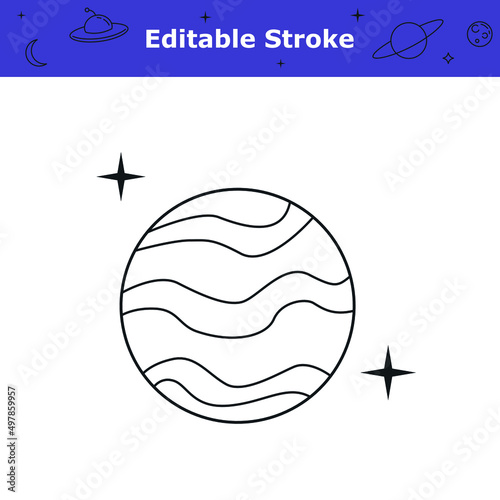 Planet icon with editable stroke. Solar system planet and stars simple symbol isolated on white background. Planetary object in outer space. Astronomy, space theme pictogram