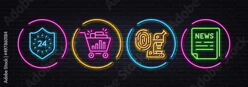 Fingerprint research, Seo shopping and 24 hours minimal line icons. Neon laser 3d lights. Fake news icons. For web, application, printing. Lab microscope, Analytics, Protection. Vector