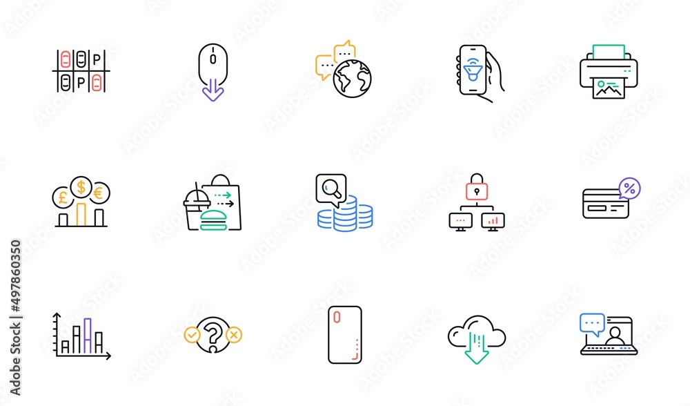 Smartphone cover, Parking place and Scroll down line icons for website, printing. Collection of Cloud download, Currency rate, Lock icons. Friends chat, World communication. Vector Smartphone cover, Parking place and Scroll down line icons for website, printing. Collection of Cloud download, Currency rate, Lock icons. Friends chat, World communication. Vector