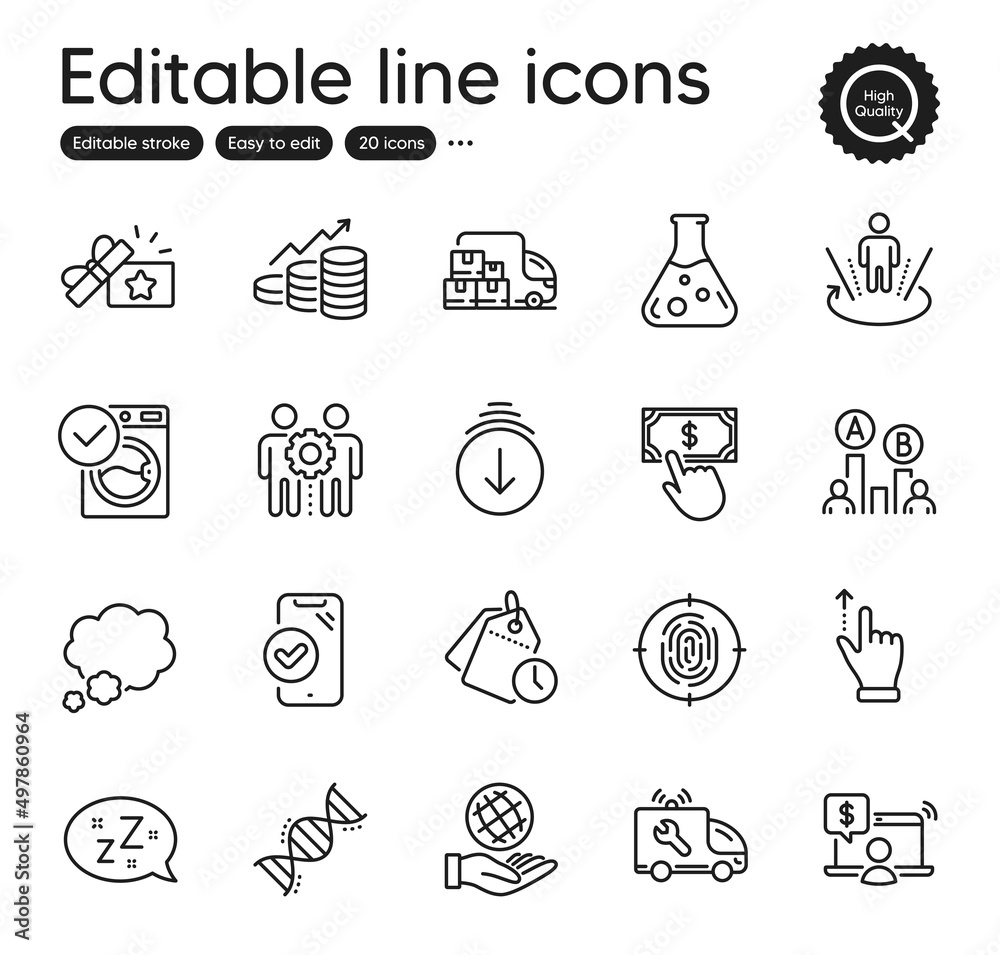 Fototapeta premium Set of Technology outline icons. Contains icons as Loyalty gift, Ab testing and Employees teamwork elements. Car service, Fingerprint, Time management web signs. Payment click. Vector