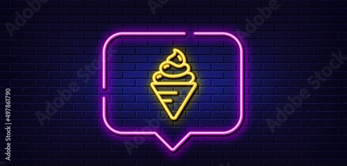Neon light speech bubble. Ice cream line icon. Dessert food sign. Frozen gelato symbol. Neon light background. Ice cream glow line. Brick wall banner. Vector