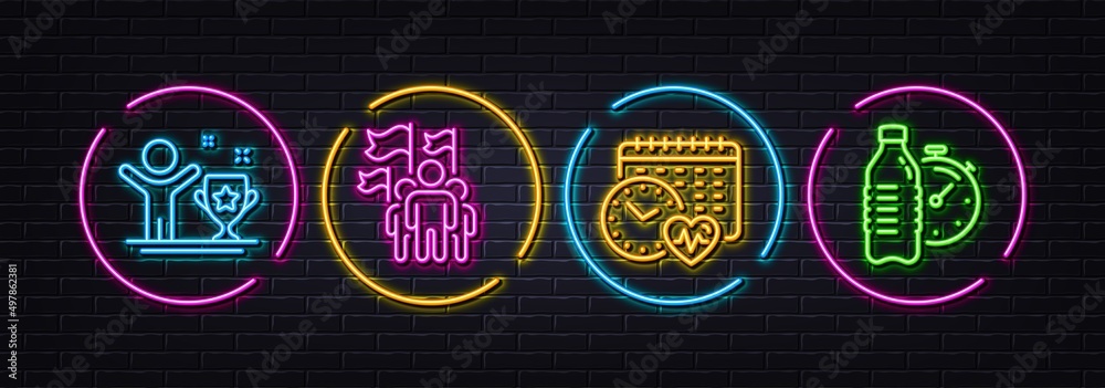 Cardio calendar, Leadership and Winner cup minimal line icons. Neon laser 3d lights. Fitness water icons. For web, application, printing. Fitness time, Winner flag, Champion. Drink bottle. Vector