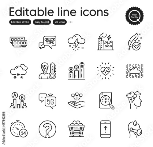 Set of Science outline icons. Contains icons as Analytics chart, Ab testing and Cloud system elements. Electricity factory, Thermometer, Hypoallergenic tested web signs. Vector