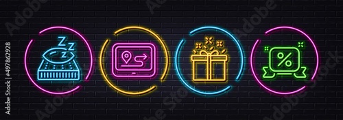 Special offer, Gps and Mattress minimal line icons. Neon laser 3d lights. Discounts ribbon icons. For web, application, printing. Delivery box, Journey route, Night pillow. Sale banner. Vector