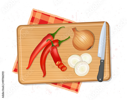 Red chilli and onion vector illustration with wooden chopping board from the top view