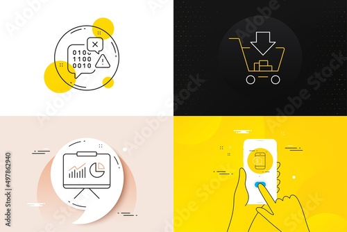 Minimal set of Binary code, Presentation and Phone payment line icons. Phone screen, Quote banners. Shopping icons. For web development. Programming chat, Board with charts, Mobile pay. Vector