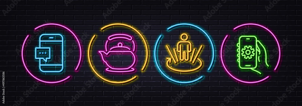Smartphone message, Teapot and Augmented reality minimal line icons. Neon laser 3d lights. App settings icons. For web, application, printing. Cellphone chat, Tea kettle, Virtual reality. Vector