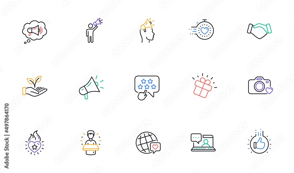 Brand ambassador line icons. Influence people, Megaphone and Representative. Handshake, influencer marketing person, ambassador person icons. Linear set. Bicolor outline web elements. Vector