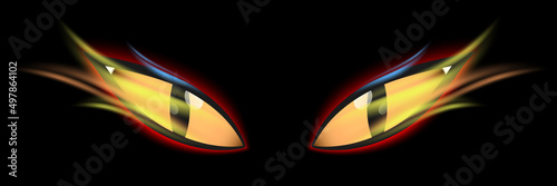 Witch eyes with fire flames, isolated on black background. Wizard eyes vector illustration.