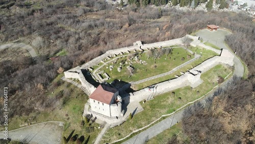 Aerial view of Ruins of Ancient Byzantine fortress Peristera in town of Peshtera, Pazardzhik Region, Bulgaria photo