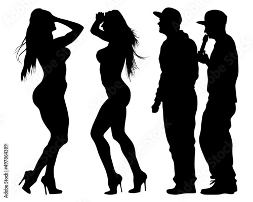 Hip hop artists in trendy colorful clothes. Isolated silhouettes of people on white background