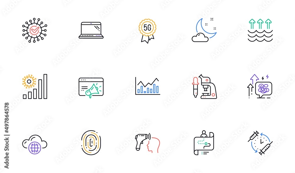 Journey path, Microscope and Coronavirus line icons for website, printing. Collection of Stress grows, Evaporation, 5g technology icons. Cloud computing, Seo marketing, Laptop web elements. Vector