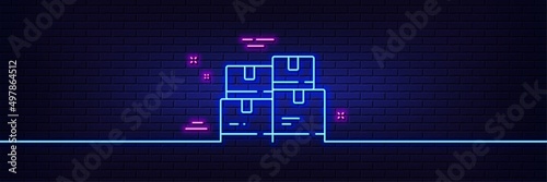 Neon light glow effect. Wholesale inventory line icon. Warehouse boxes sign. Logistic goods symbol. 3d line neon glow icon. Brick wall banner. Wholesale inventory outline. Vector