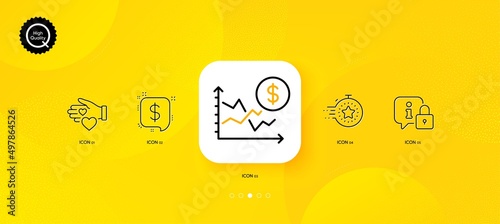 Volunteer, Payment message and Dollar rate minimal line icons. Yellow abstract background. Timer, Lock icons. For web, application, printing. Social care, Finance, Currency trade. Vector