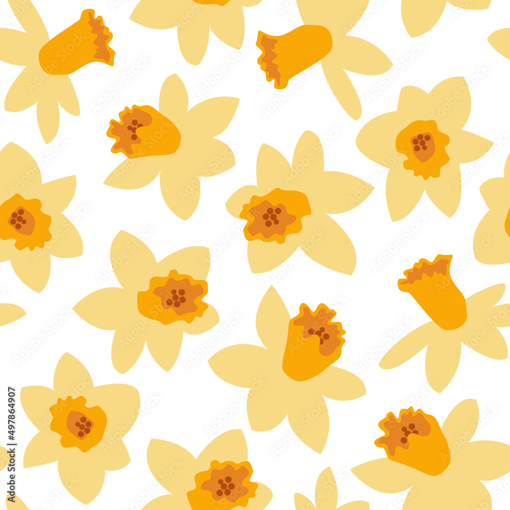 Daffodils seamless pattern. Easter background with narcissus flowers.