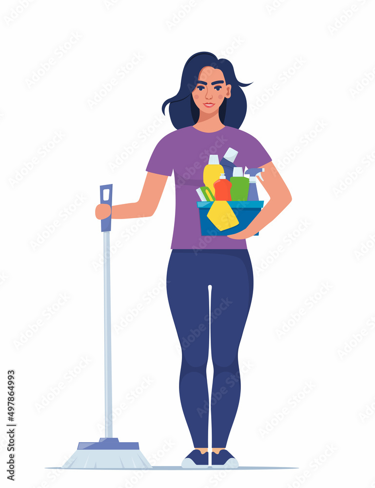Cute woman character stands with brush for sweeping the floor and set of detergents. Cleaning concept vector illustration. Woman cleans the house. Cleaning service. Spring cleaning. Cute woman character stands with brush for sweeping the floor and set of detergents. Cleaning concept vector illustration. Woman cleans the house. Cleaning service. Spring cleaning.
