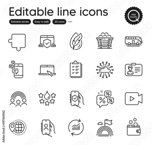 Set of Business outline icons. Contains icons as Update data, Video camera and Communication elements. Inclusion, Wallet money, Checklist web signs. Identification card, Coal trolley. Vector