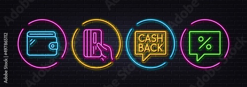 Money transfer, Payment card and Wallet minimal line icons. Neon laser 3d lights. Discount message icons. For web, application, printing. Cashback message, Credit card, Money budget. Vector